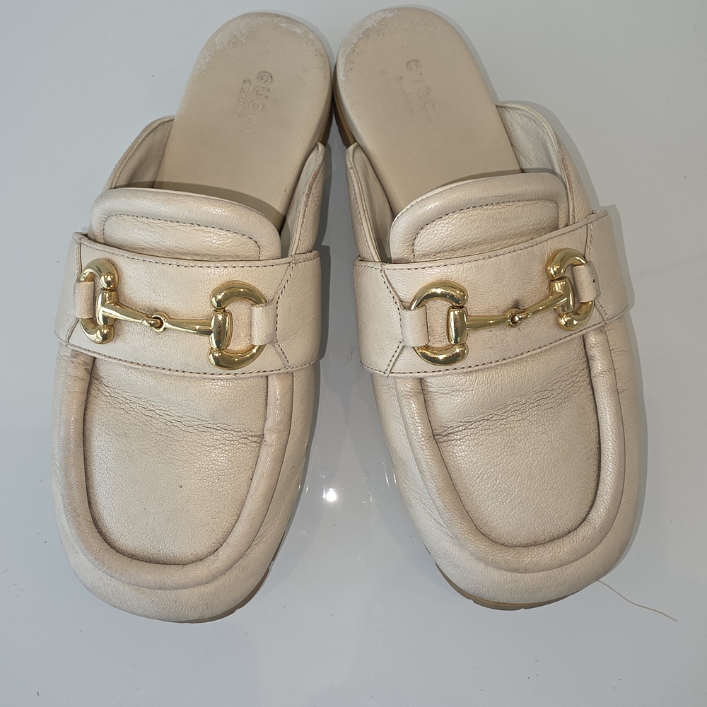 Gucci Women's Cream Leather Mules with Gold Accents